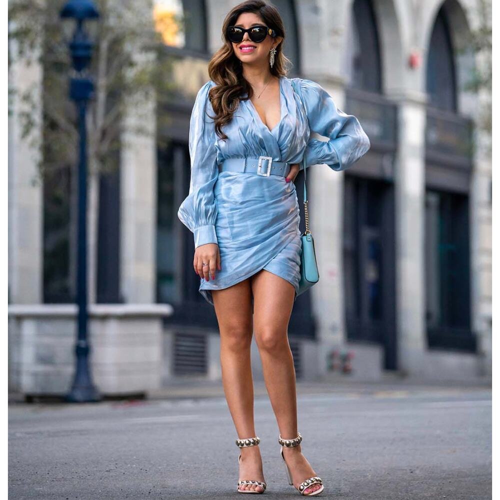 Song of Style REVOLVE Baby Light Blue Tucker Mini Dress sz XS Faux Wrap Belt - Picture 14 of 16